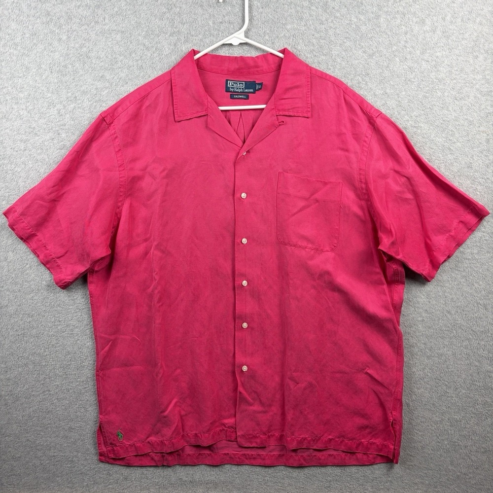 Polo Ralph Lauren Caldwell Shirt Mens XL Pink Linen Silk Camp Loop Collar Button